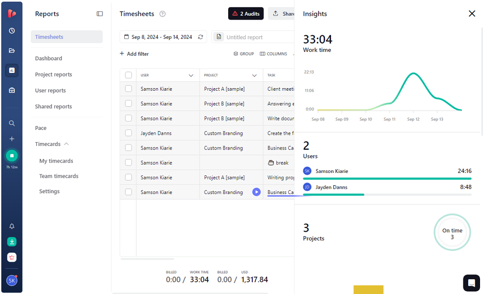 Screenshot of “Insights” on timesheet page