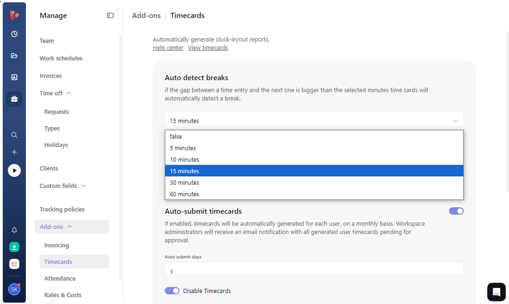 Screenshot showing TrackingTime break settings.