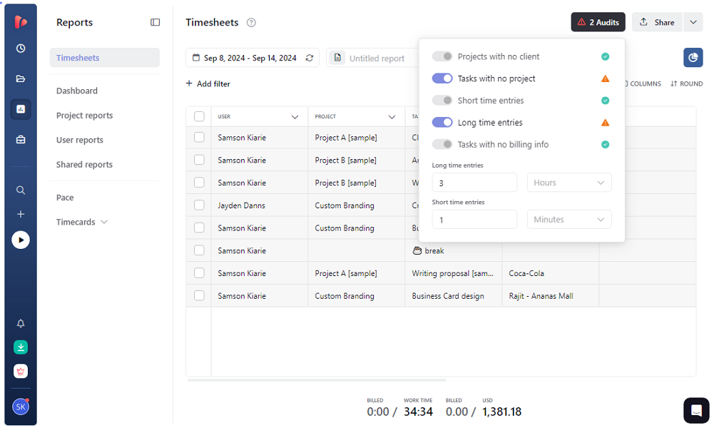 Screenshot showing TrackingTime timesheets page