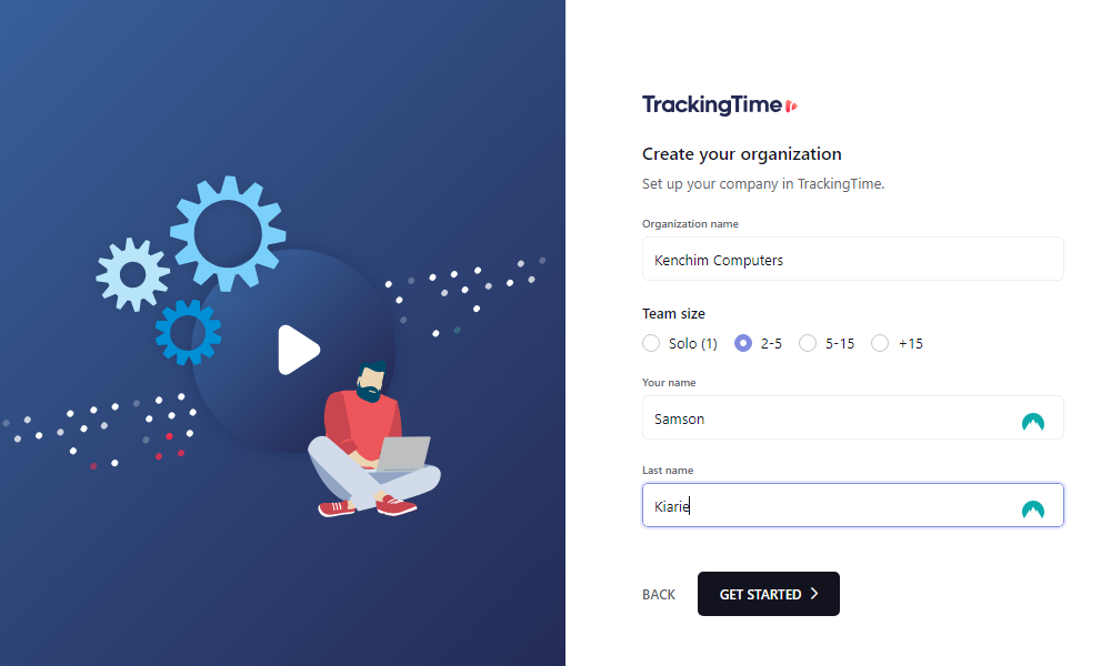 Screenshot showing TrackingTime Organization setup page