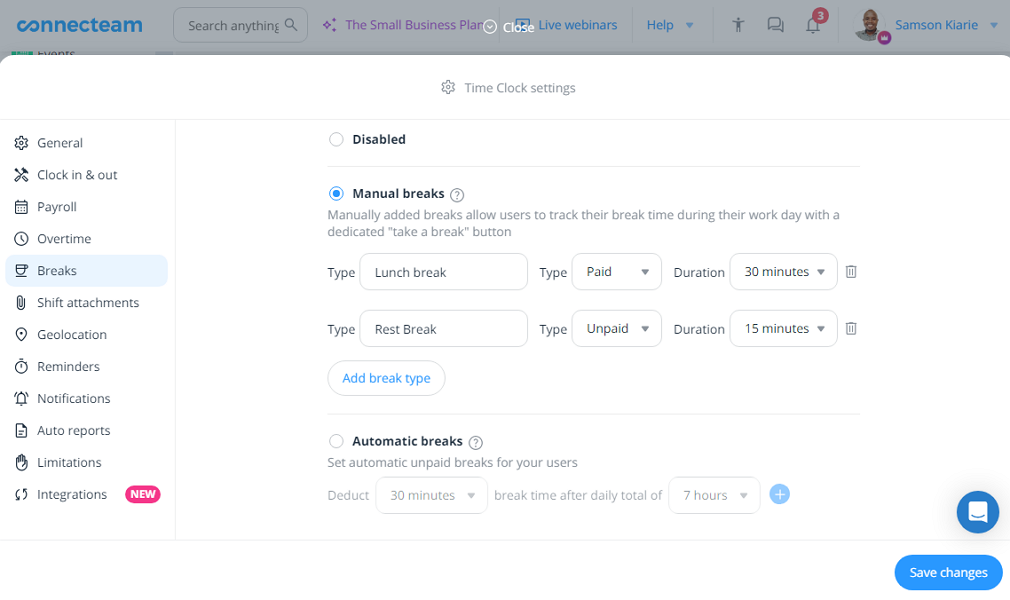 Screenshot of Connecteam break settings page