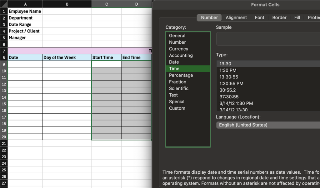 Excel’s “Format Cells” tool lets you choose what time format you want to apply to your time-based columns. For example, you can use 13:30, 1:30 PM, etc., and even add seconds.