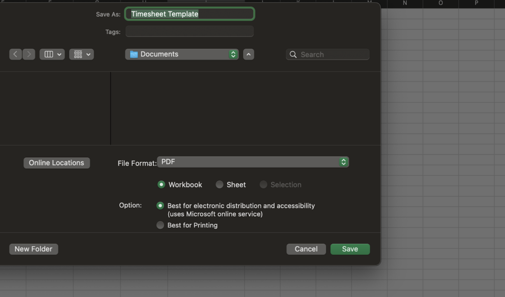 Excel lets you save and export your file in CSV, PDF, or other formats. 