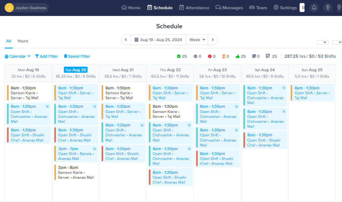 Screenshot showing ZoomShift’s published schedules 