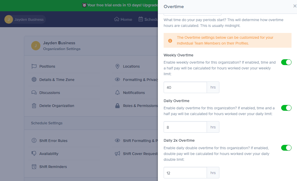 Screenshot showing ZoomShift’s overtime settings page 