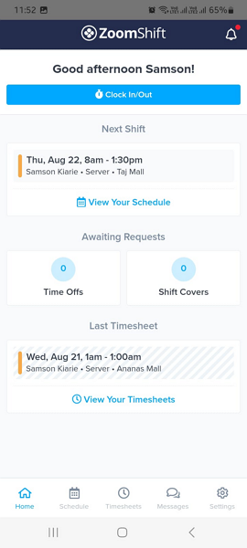 Screenshot of ZoomShift mobile app