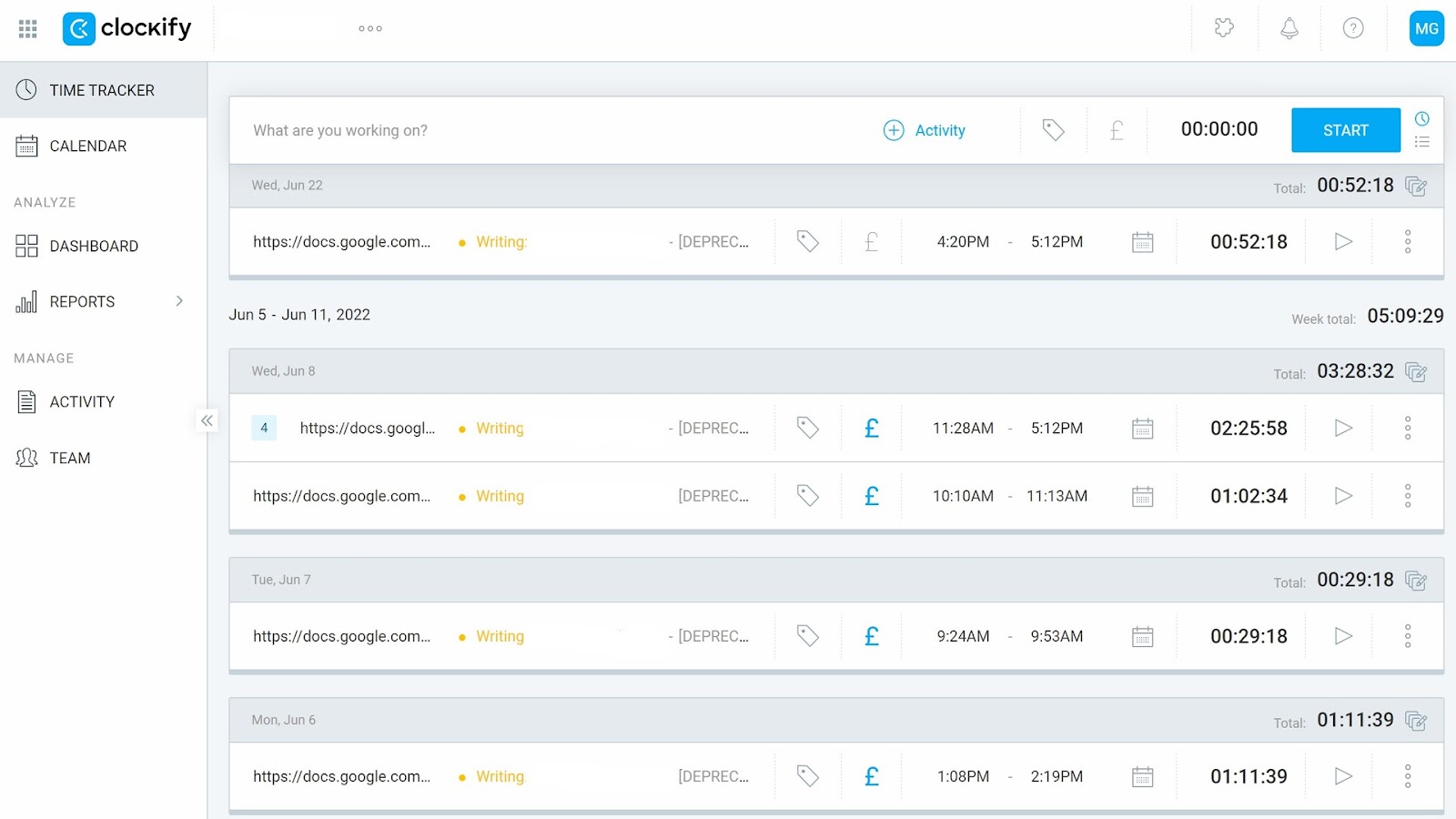 Clockify’s web-based time tracker showing a manual timer and recent time entries.