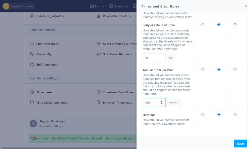 Screenshot showing ZoomShifts location error rule