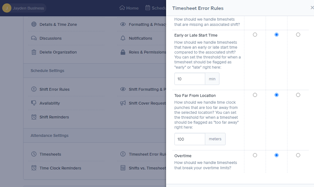 Screenshot showing overtime error rule settings