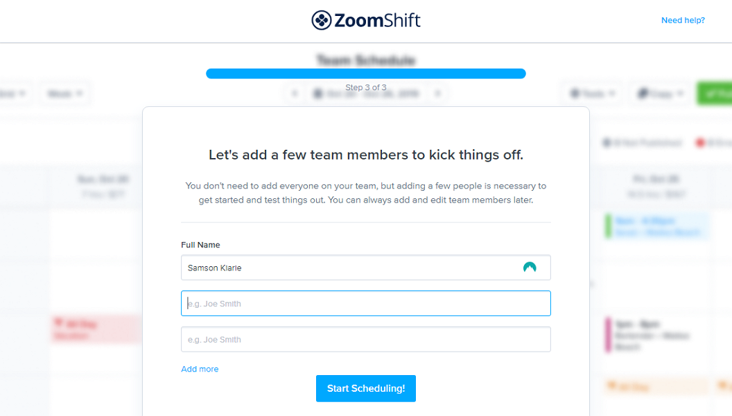 Screenshot showing ZoomShift’s signup page