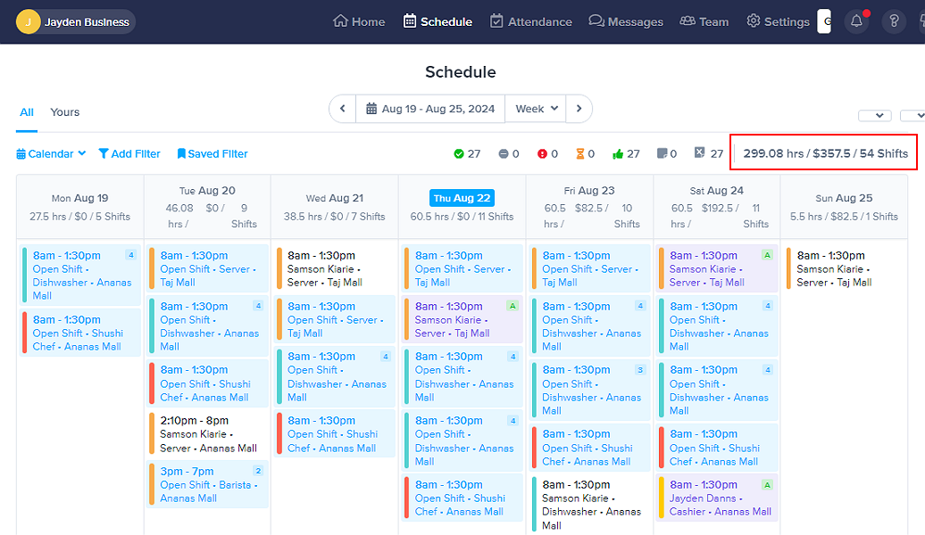 Screenshot showing a schedule’s labor