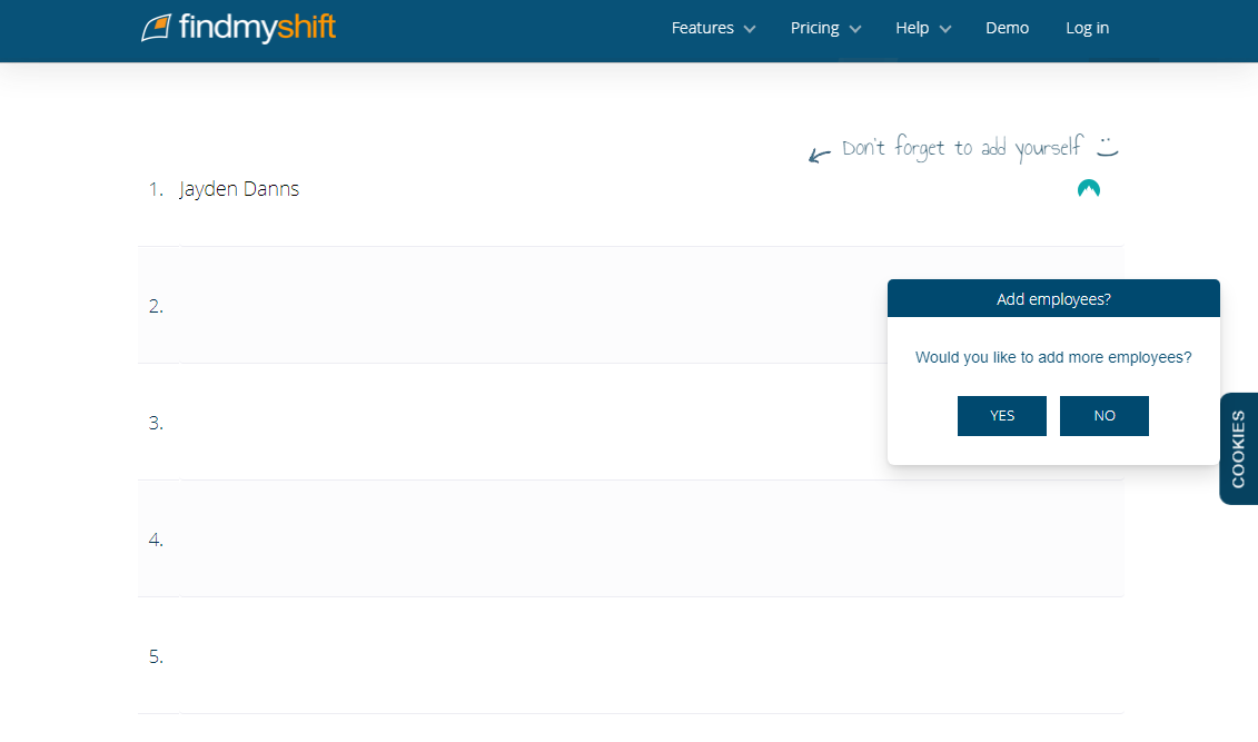 Screenshot of FindMyShift pre-login setup 