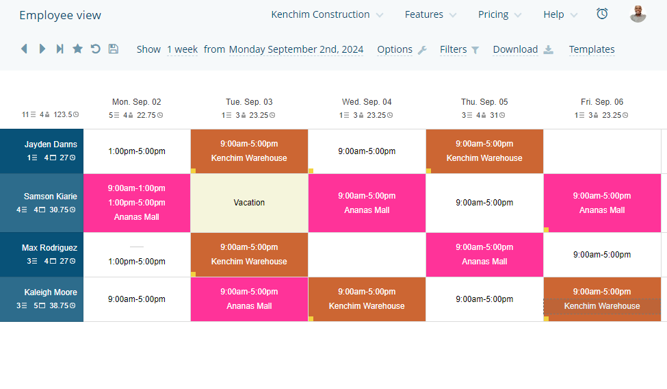 A screenshot of the Findmyshift scheduler