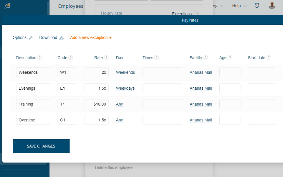 Screenshot showing FindMyShift pay rate settings 