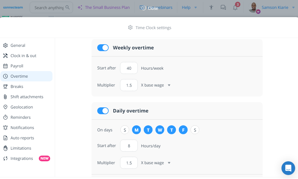 Screenshot of Connecteam overtime settings 