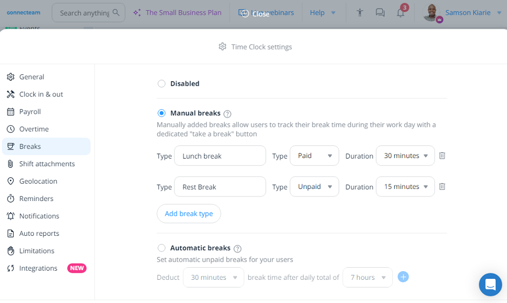 Screenshot showing Connecteam break settings 