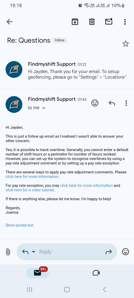 Screenshot showing FindMyShift email response 