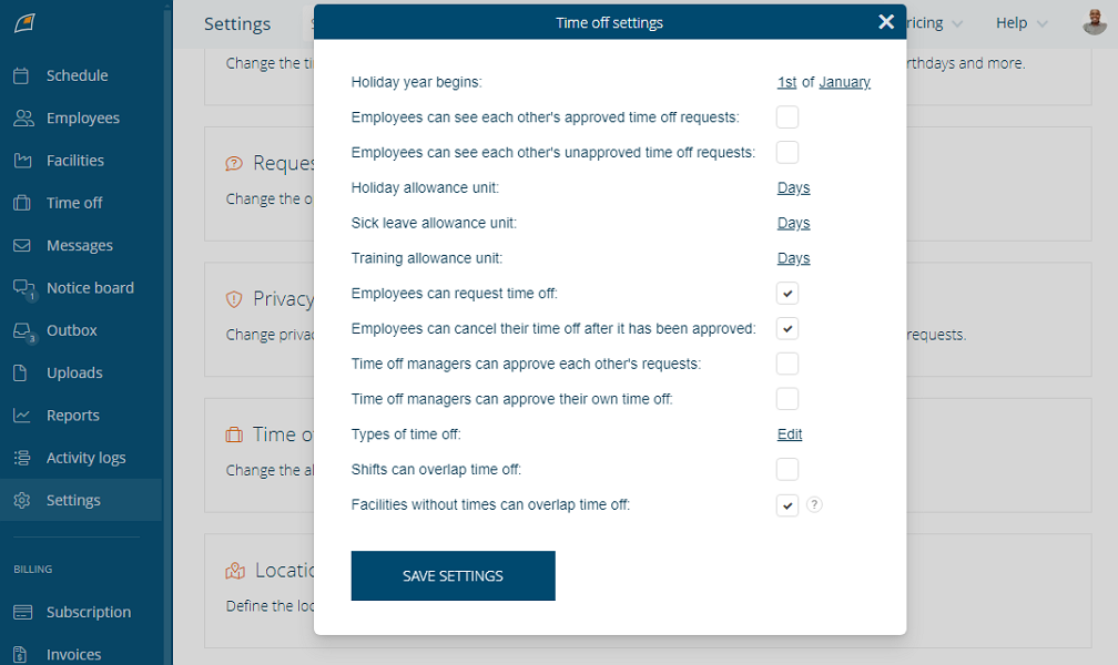 Screenshot showing FindMyShift time off settings  