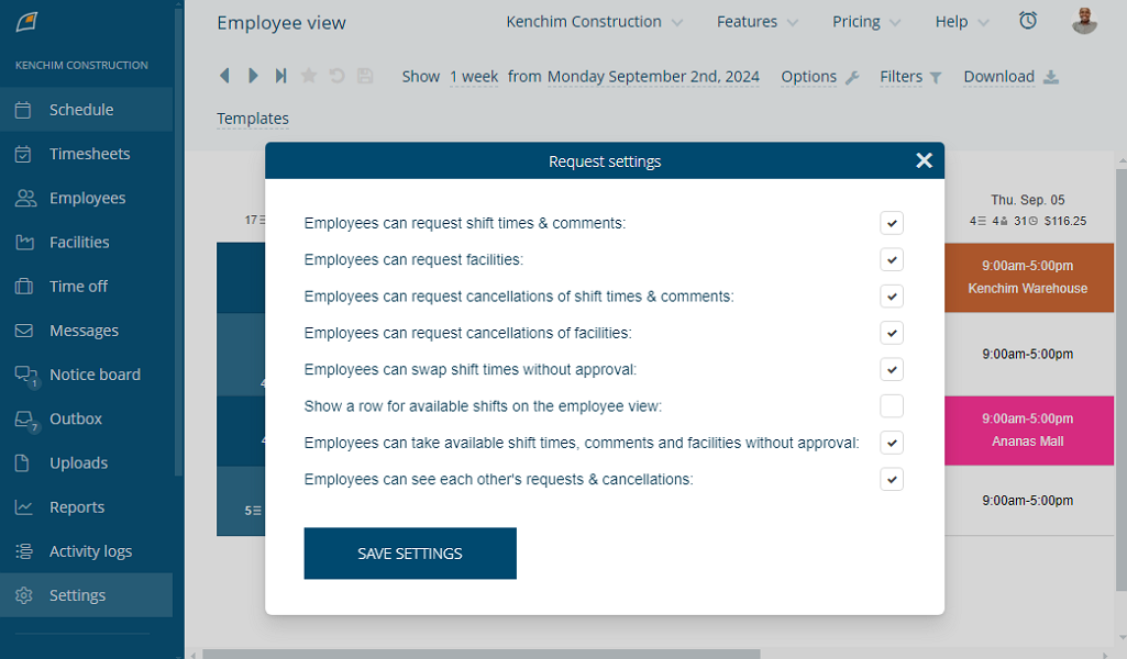 Screenshot of FindMyShift request settings page