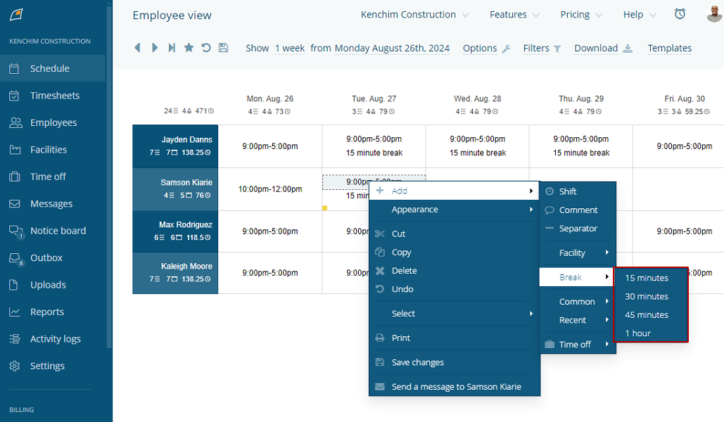 Screenshot showing FindMyShift break settings  