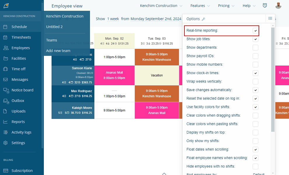 Screenshot showing FindMyShift’s schedule options