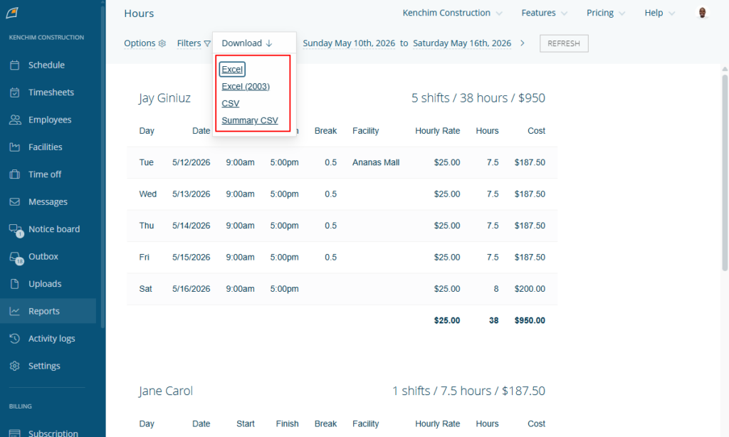 Screenshot showing FindMyShift&rsquo;s reporting sharing options.