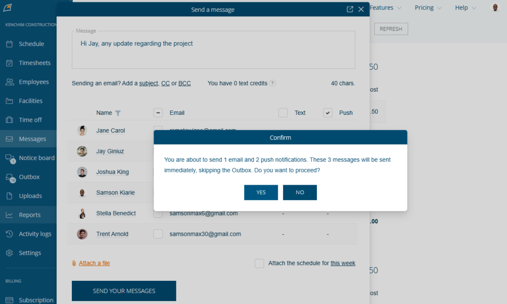 Screenshot showing messaging on FindMyShift&rsquo;s web app. 
