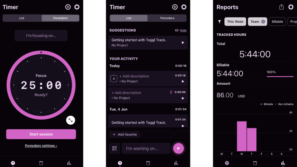 Toggl Track’s iOS mobile app with its Pomodoro timer, regular timer, and reports feature.