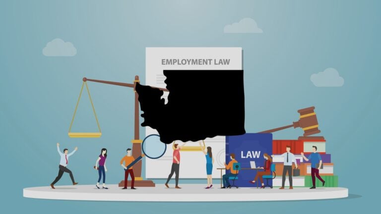 A silhouette of the state of Washington against a backdrop of labor law concepts