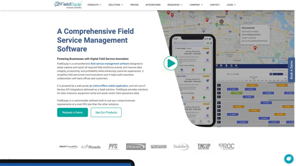 A screenshot of the FieldEquip homepage