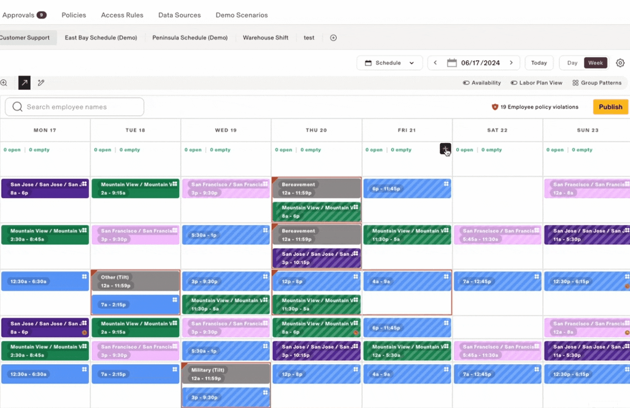 A GIF showing how to create new open shifts with Rippling’s scheduling tool.