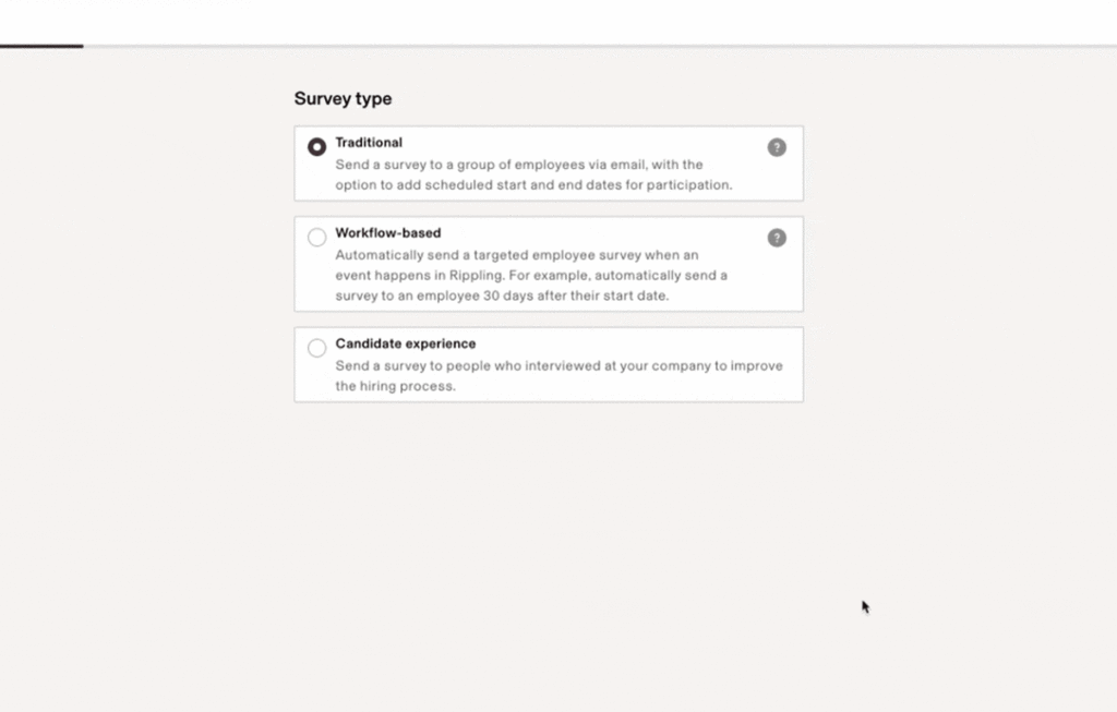 GIF showing how to create a new survey in Rippling.