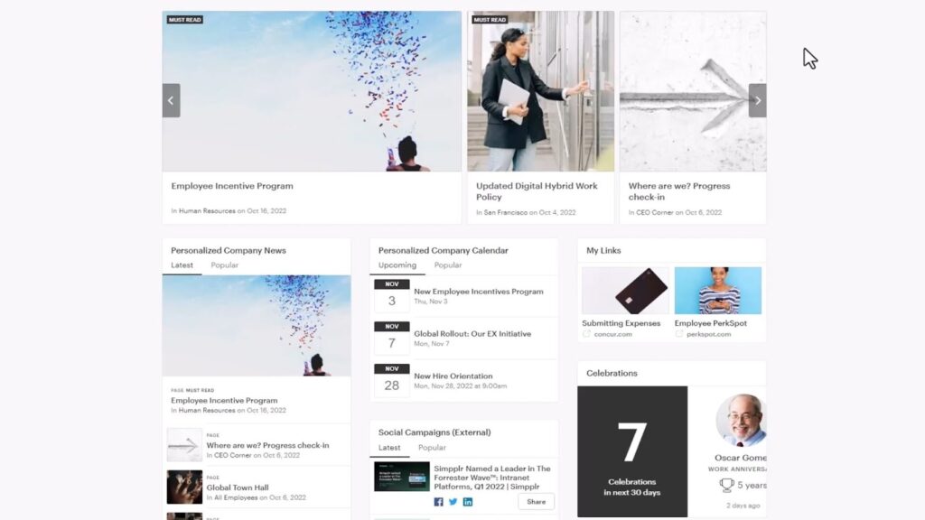 Simpplr’s intranet showing suggested news stories and an employee’s personalized newsfeed, calendar, and shortcuts.