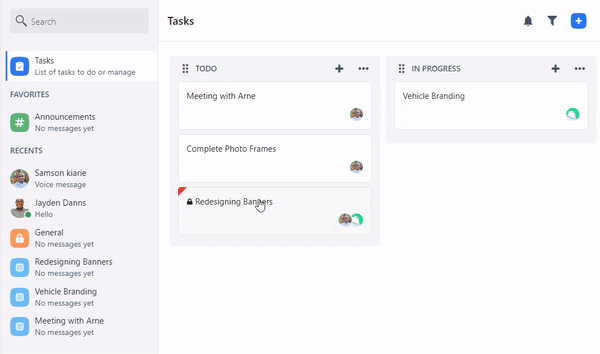 Chanty lets users drag and drop tasks cards through the phases.