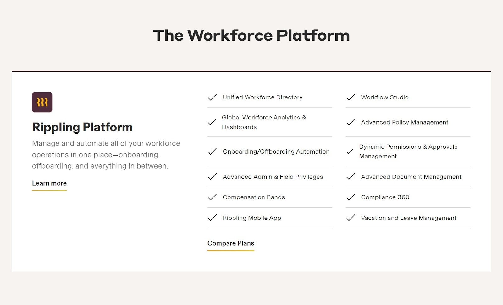 A list of what’s included with Rippling’s workforce management module, from a directory to leave management.