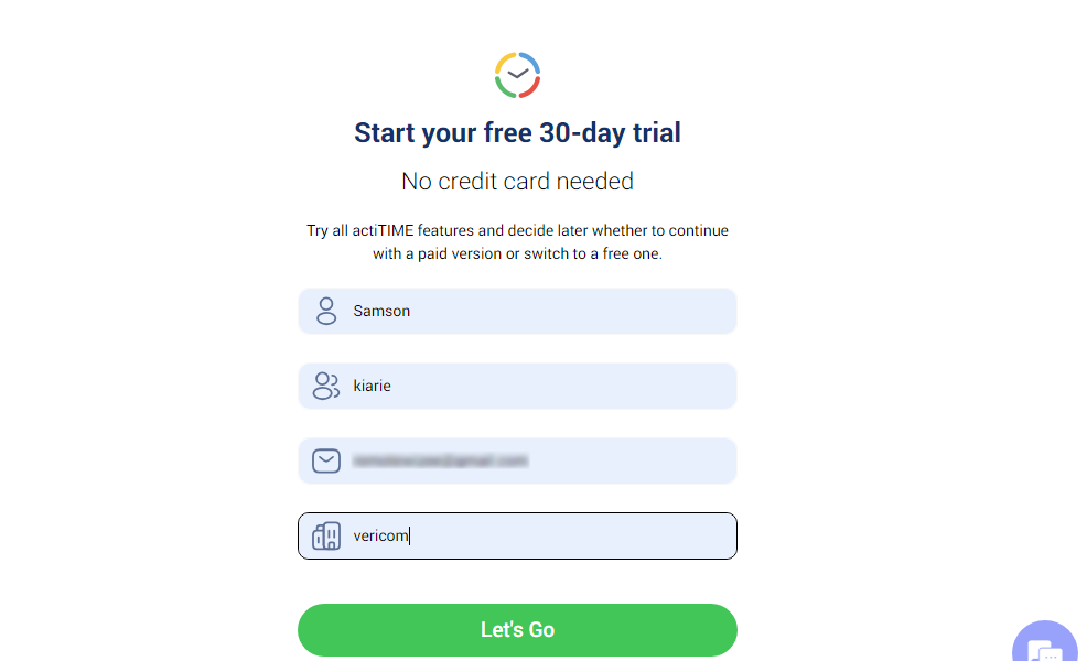 Screenshot of actiTIME signup page