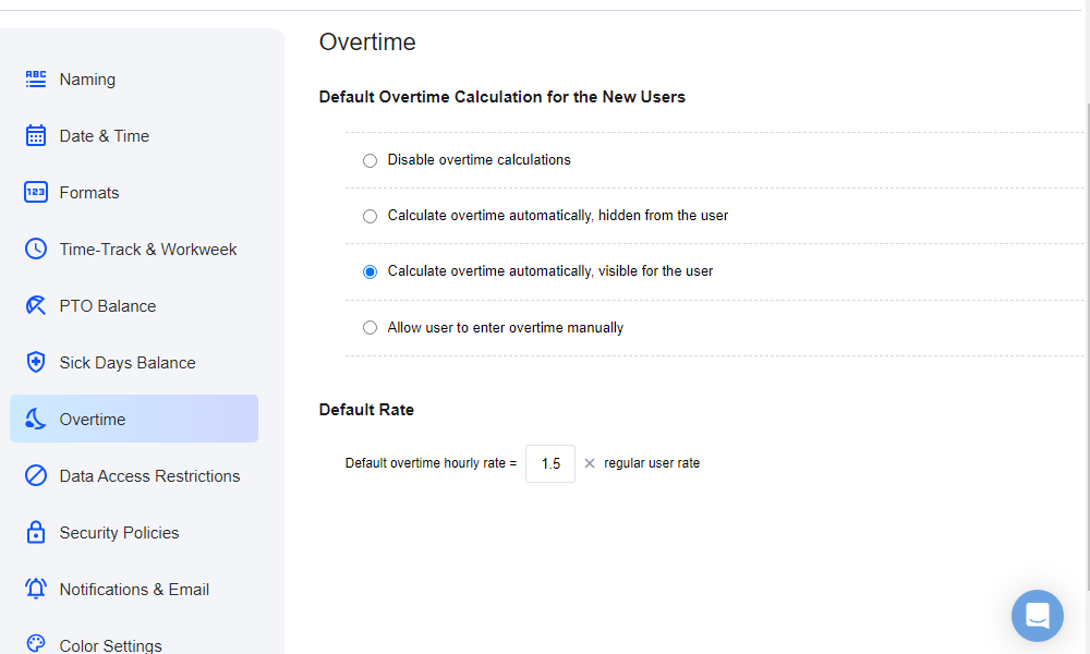 Screenshot showing the overtime settings page