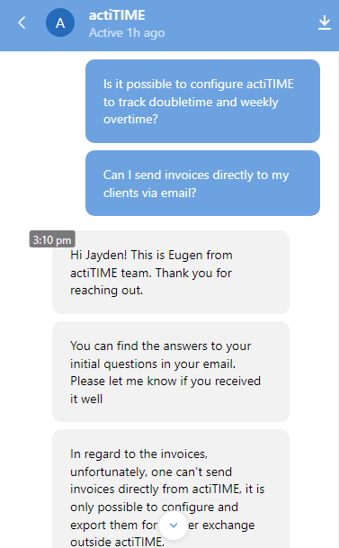 Screenshot of actiTIME live chat