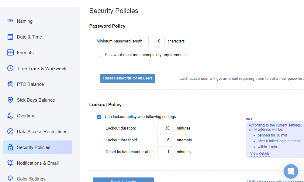 Screenshot showing actiTIME security policies page