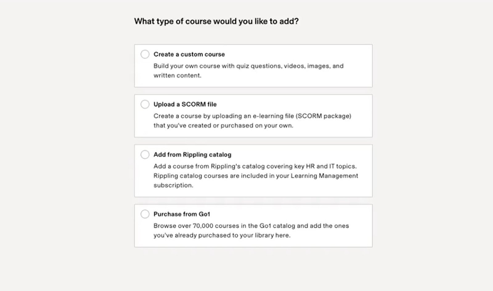 Menu showing options for creating, uploading, adding, and purchasing training courses in Rippling.