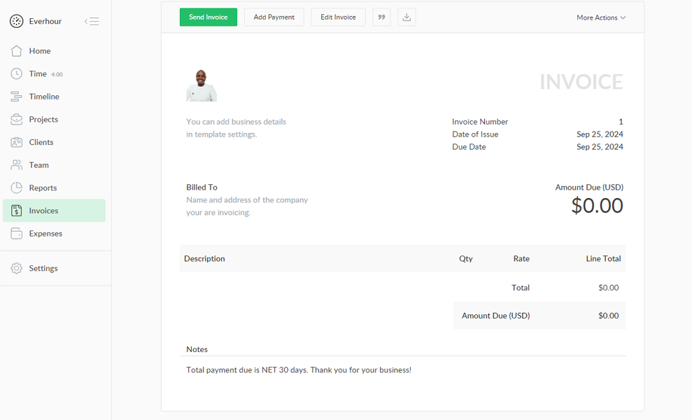 Screenshot of Everhour invoice 