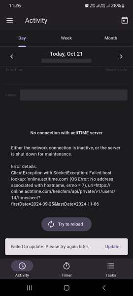 Screenshot showing actiTIME offline mode