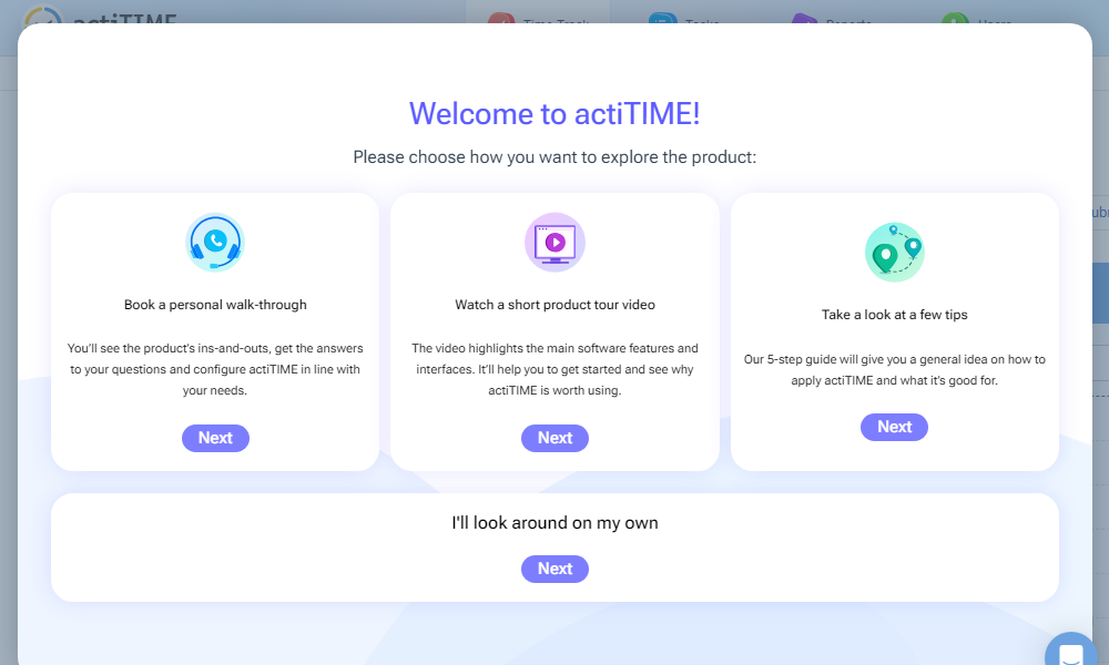 Screenshot showing the actiTIME getting started options