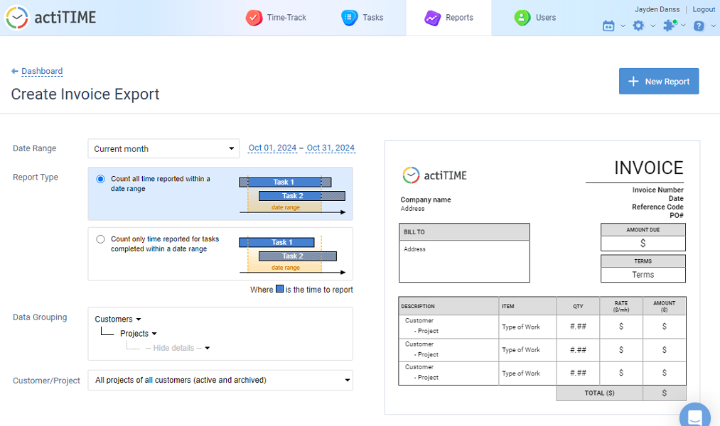 Screenshot of the invoice export report page.