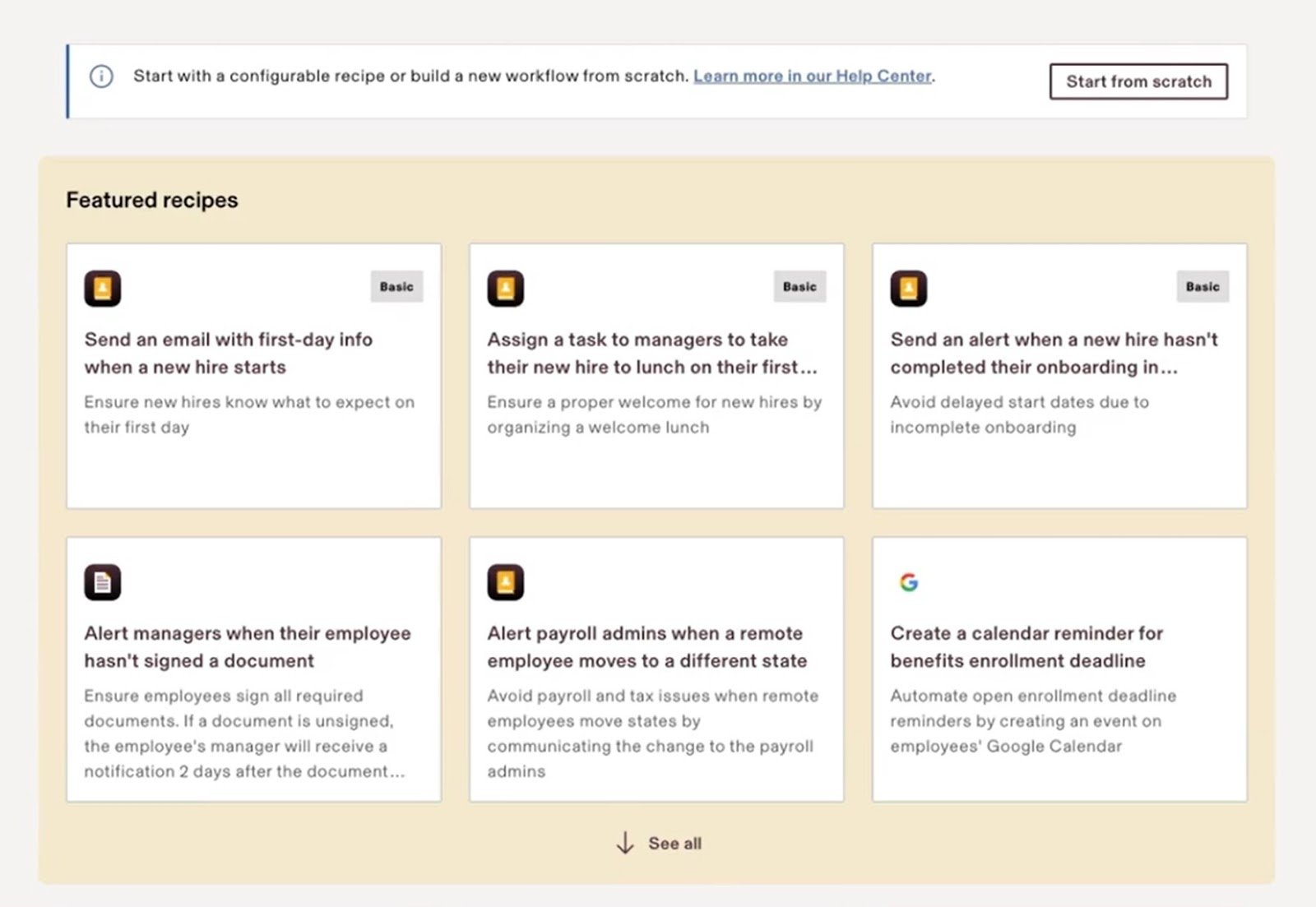 A page of “Featured recipes”—or automated workflow templates—for Rippling’s Workflow Studio.