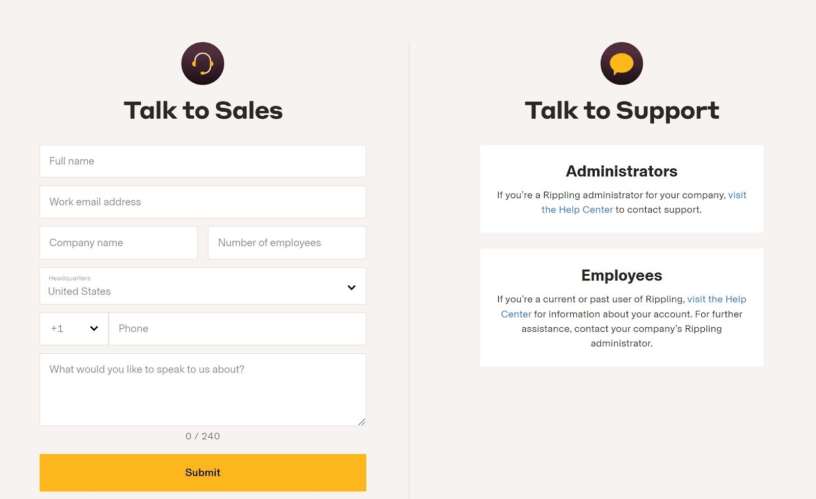 Options for customer support at Rippling, including “Talk to sales” and “Talk to support.”