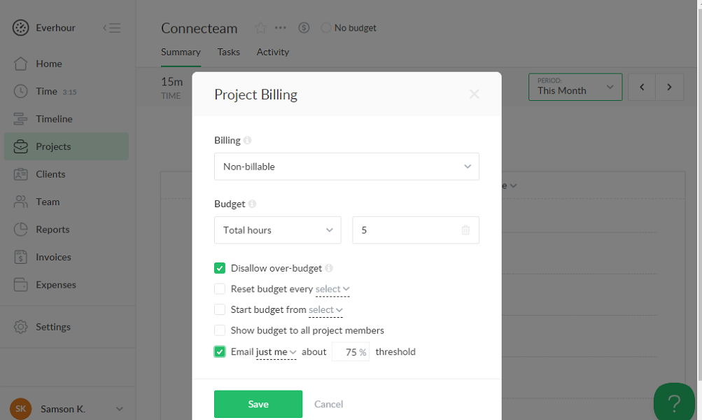 Screenshot showing project budget limits automation