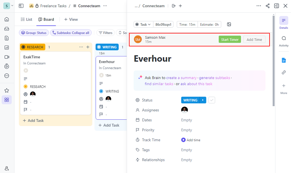 Screenshot showing Everhour time tracker inside ClickUp 