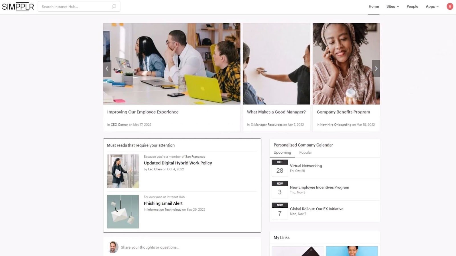 Simpplr’s intranet showing news stories, an employee’s calendar, and the platform navigation menu.