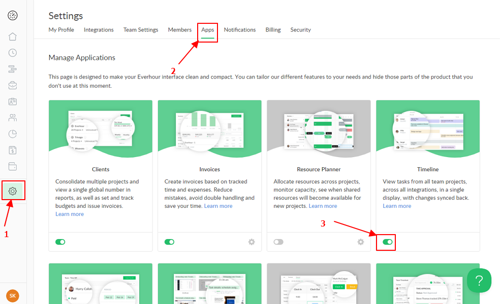 Screenshot showing how to activate Timeline